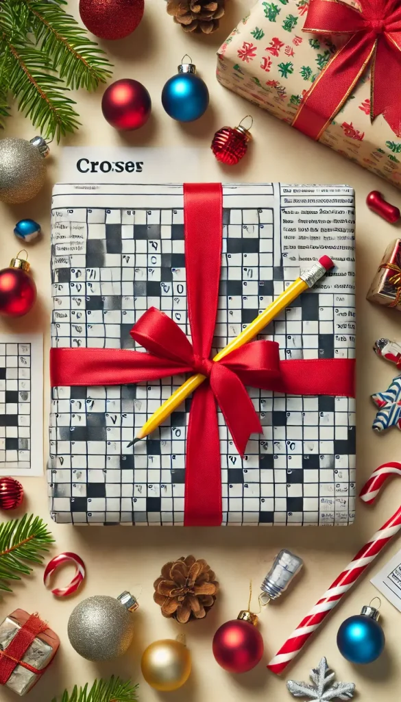 A Christmas gift wrapped in interactive crossword-printed wrapping paper, with a pencil tucked into the red ribbon. 