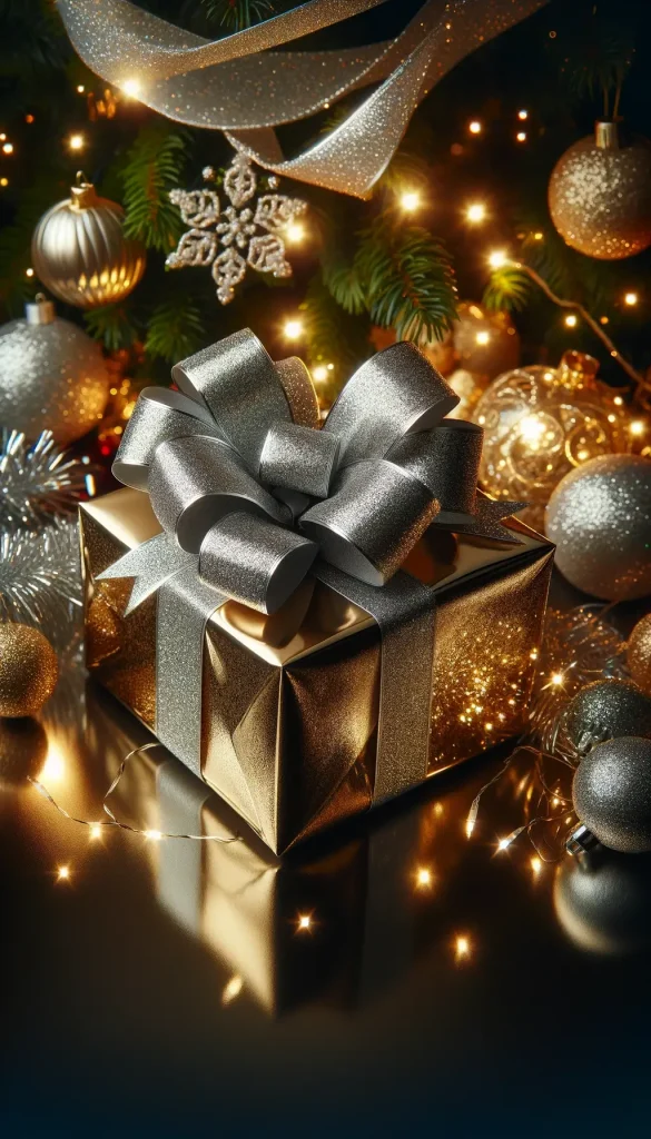 A Christmas gift wrapped in shiny metallic gold paper, topped with a large, glittery silver bow. The package is surrounded by festive decorations