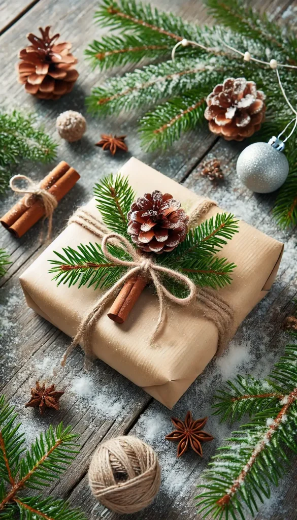 A beautifully rustic Christmas gift wrapped in beige paper and adorned with natural elements like a small pinecone, a cinnamon stick, and a sprig of f