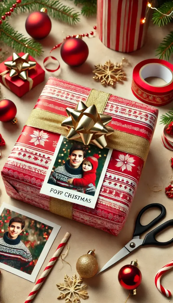 A beautifully wrapped Christmas gift featuring a photo of the recipient as a gift tag. The package is wrapped in festive red paper with a gold ribbon,