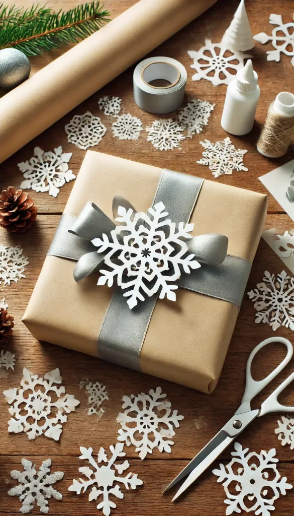 A beautifully wrapped Christmas gift with a plain white wrapping paper adorned with a paper snowflake cutout glued to the center. 