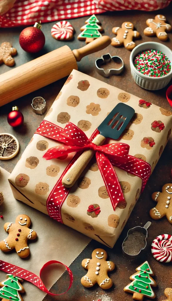 Christmas gift with cookie-patterned paper and a small baking spatula tied onto the package with a red ribbon. 