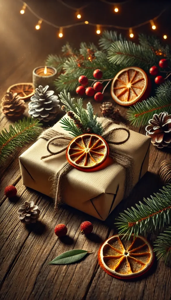 A highly realistic scene of a Christmas gift wrapped in kraft paper, tied with twine, and adorned with a dried orange slice and a sprig of rosemary.