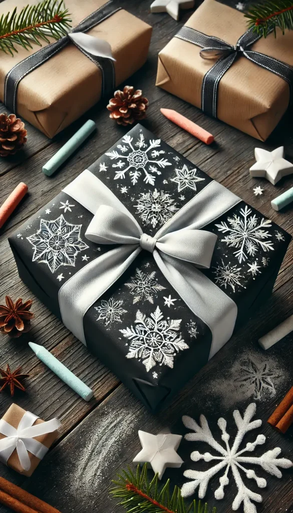 Christmas gift wrapped in matte black paper, adorned with hand-drawn white snowflakes and stars, mimicking a chalkboard