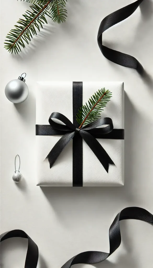 A minimalist Christmas gift wrapped in solid white paper, tied with a sleek black ribbon. The package is placed on a clean white surface with subtle h