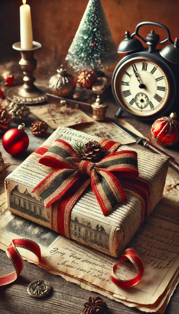 A nostalgic Christmas gift wrapped in vintage newspaper with a bold red ribbon tied into a large bow. 