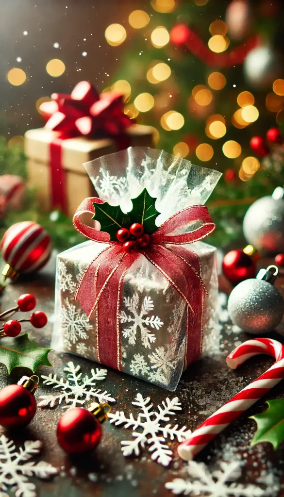 A small Christmas gift wrapped in transparent cellophane with a snowflake pattern. The package is tied with a shiny red ribbon.