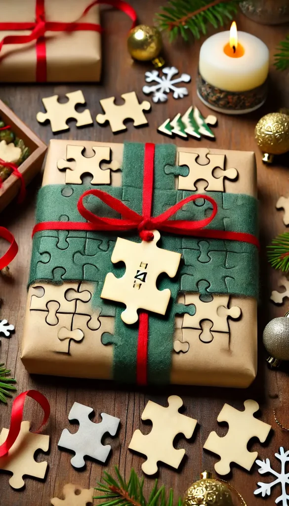 Christmas gift with a puzzle piece as a name tag. The gift is wrapped in green paper and tied with a red ribbon, with the puzzle pieces.
