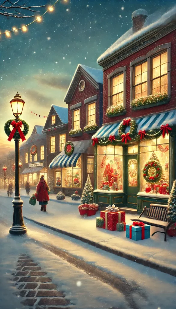 Charming Christmas Street with Festive Shops and Lights