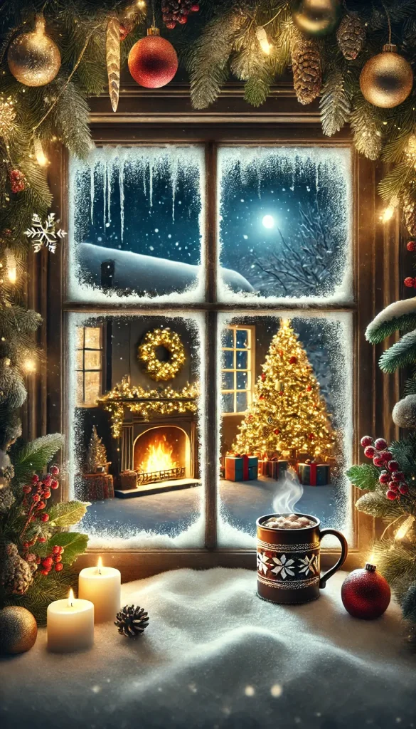 Cozy Christmas Window with Tree and Fireplace