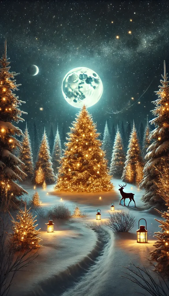 Magical Christmas Forest with Glowing Tree and Snowy Pines
