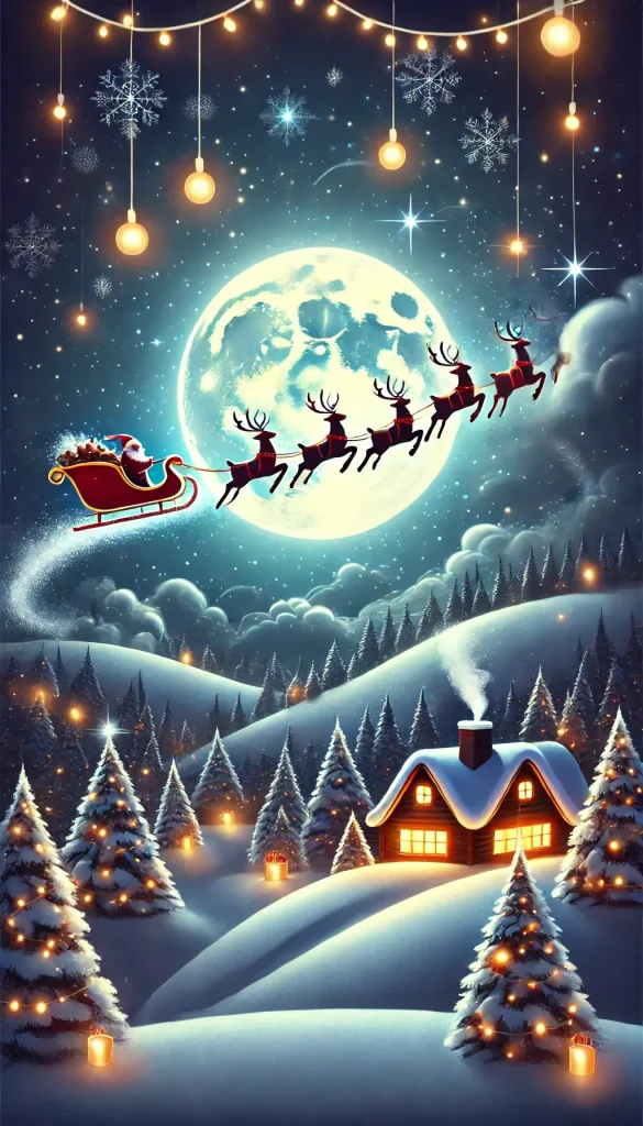 Santa's Sleigh Over a Cozy Christmas Night House