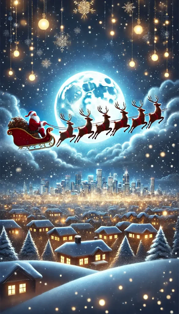Santa riding on sleigh in Christmas night