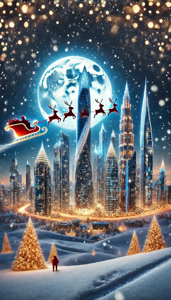 Santa's Sleigh Above Lit Manhattan on Christmas Night