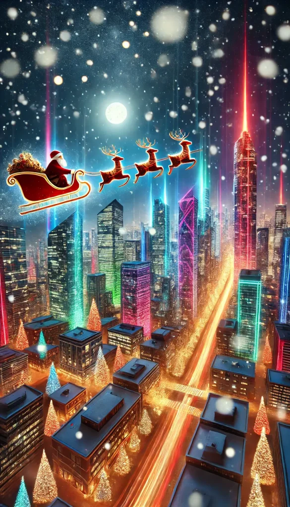 Santa's Sleigh Over a Lit-Up Christmas City