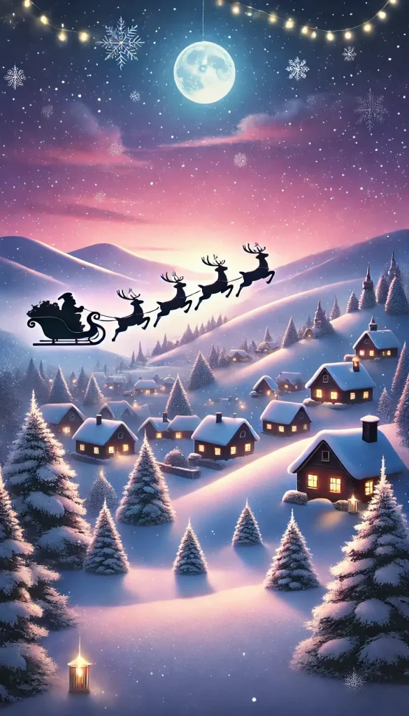 Santa's Sleigh Over a village on Christmas Night