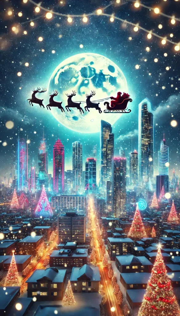 Santa's Sleigh Over a Gift-Filled, Lit-Up City
