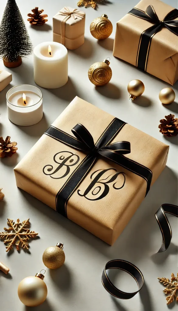 kraft paper with large gold monogrammed initials of the recipient stenciled on it.