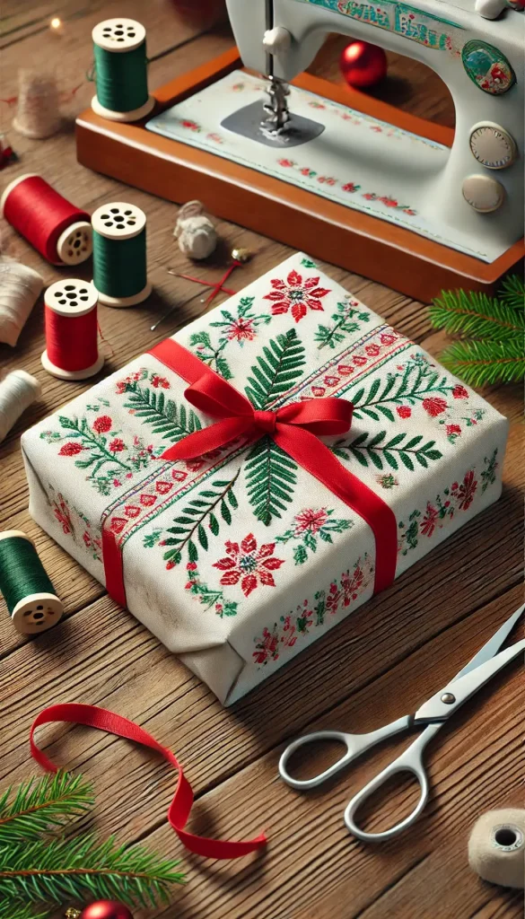 plain white paper with embroidered designs of red and green holiday patterns.