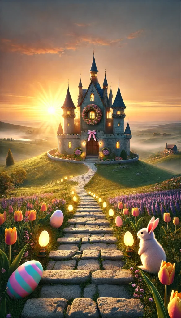 Easter Fantasy Castle on a Hill at Sunrise