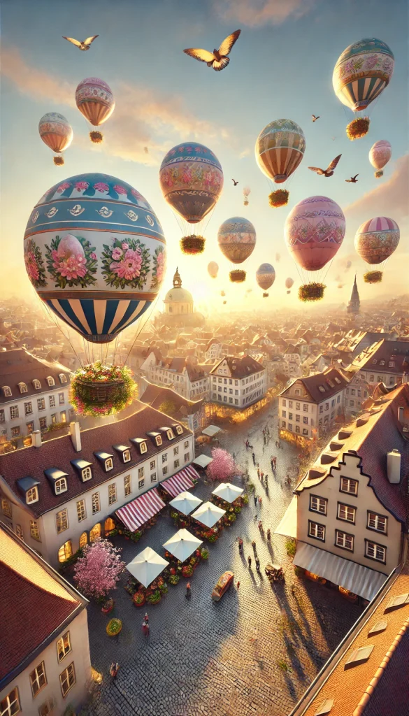 Floating Easter Balloons Carrying Giant Eggs Over a City