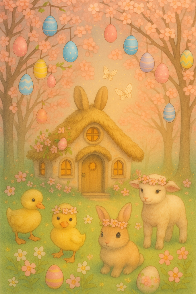Cute ducks and lambs celebrating Easter day