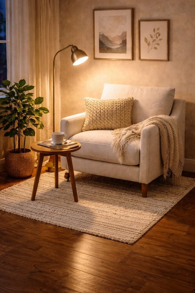 Cozy reading corner in a bedroom idea