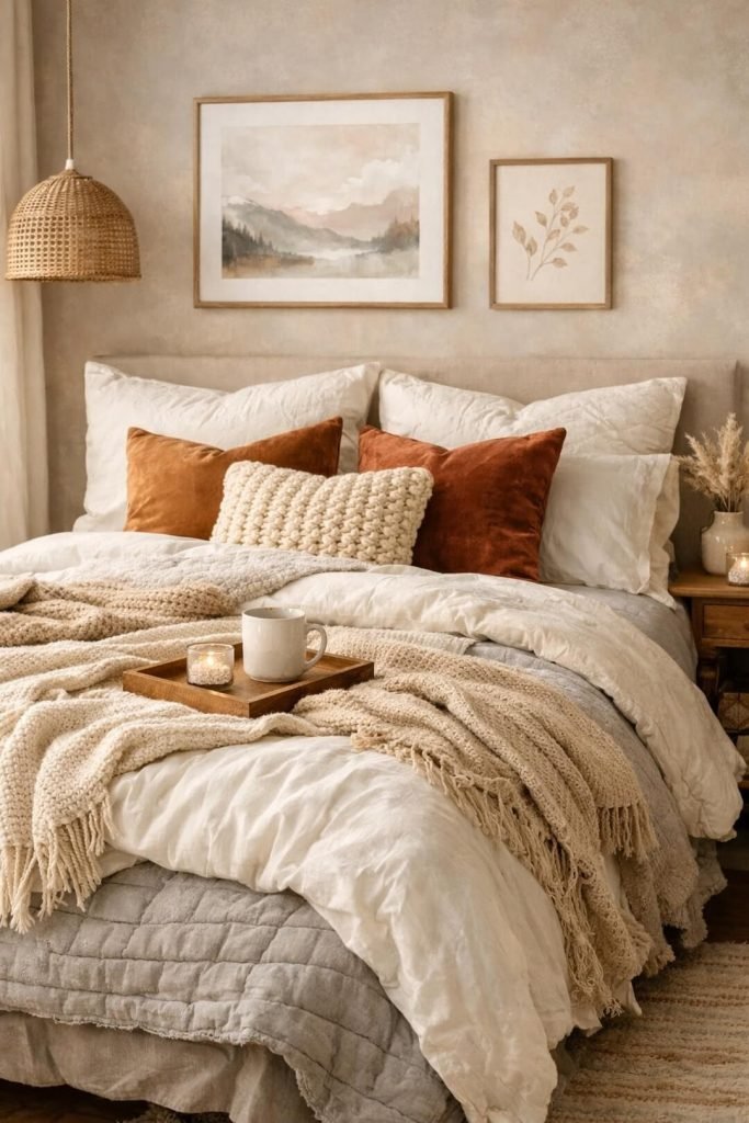 Layered bedding for extra comfortable bedroom