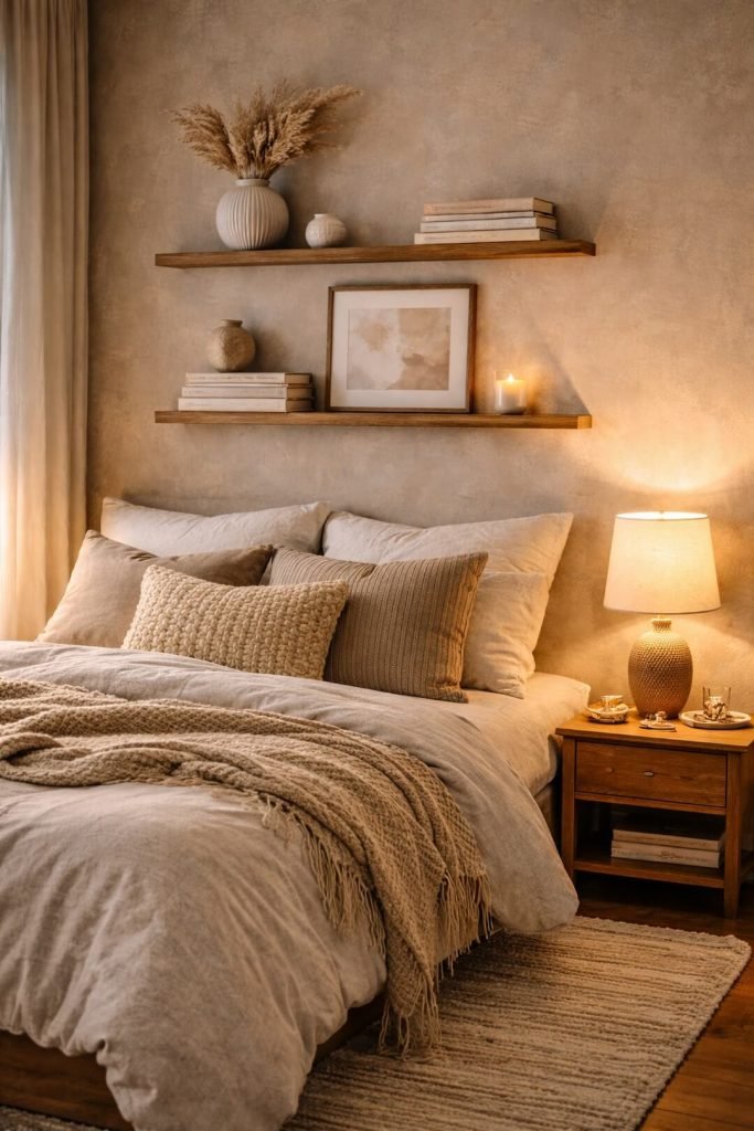 Wall mounted shelf in a bedroom