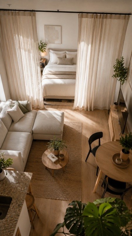 Ceiling-Mounted Linen Curtains