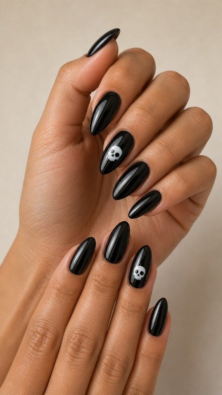 Black Chrome Nails with Tiny White Skulls