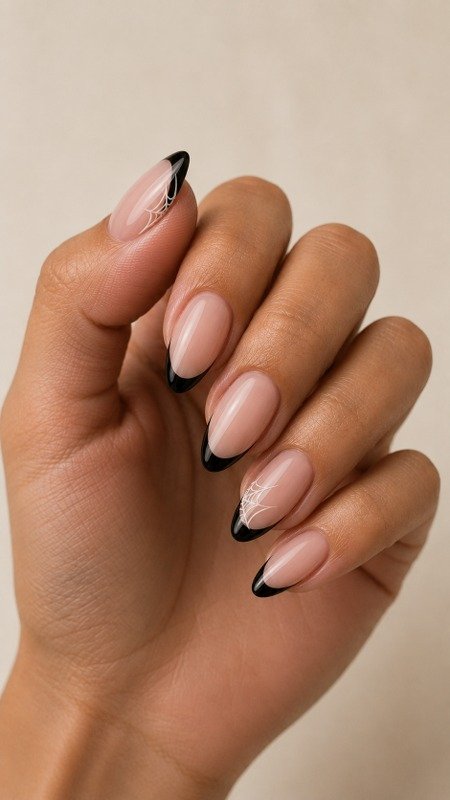 Black French Tips with Tiny Cobweb Corners