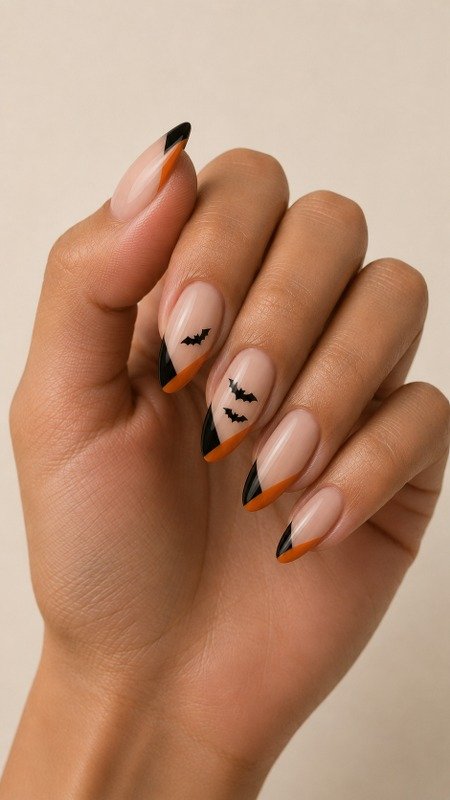 Black & Orange Split French Tips with Tiny Bats