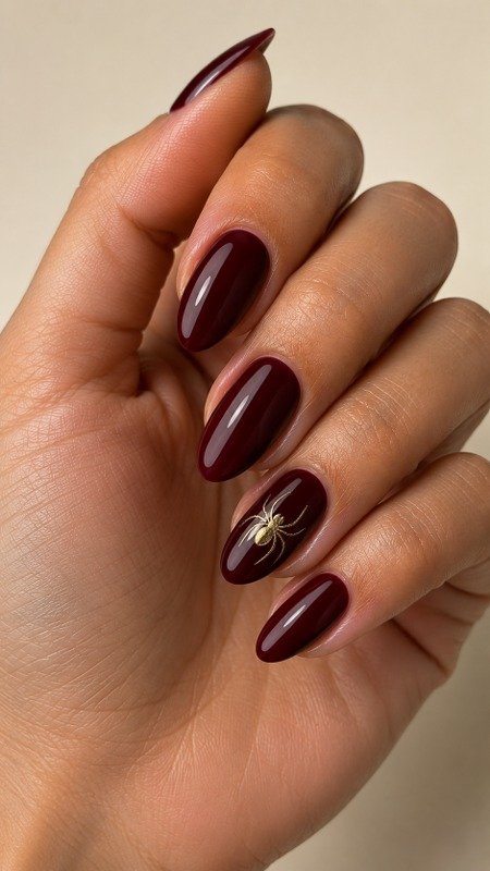 Burgundy Nails with a Tiny Golden Spider