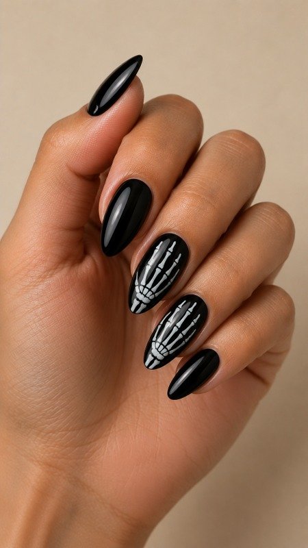 Glossy Black Nails with White Skeleton Accent