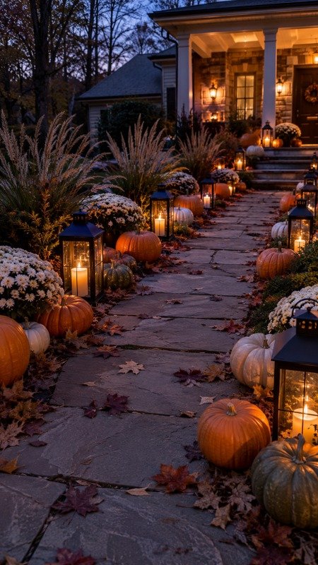 Line Your Walkway with Glowing Lanterns and Pumpkins