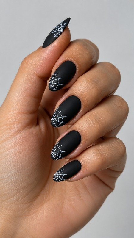 Matte Black Nails with a Delicate Spider Web