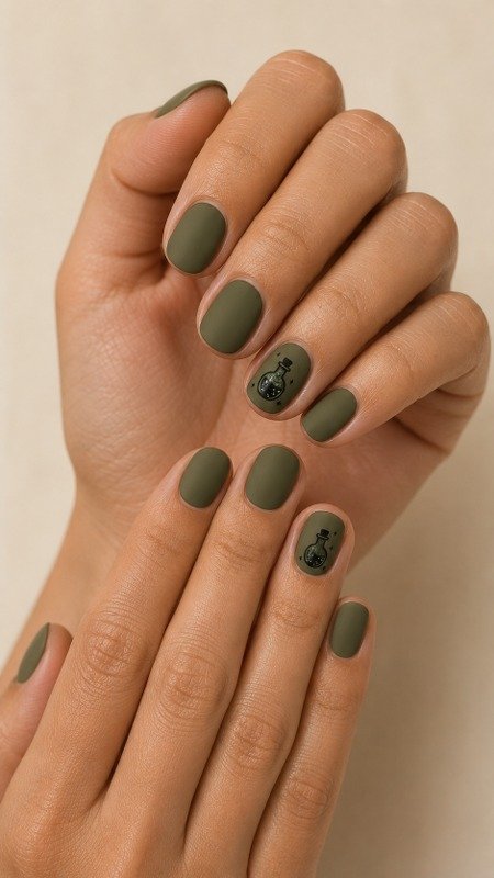 Matte Olive Green Nails with Tiny Potion Bottle