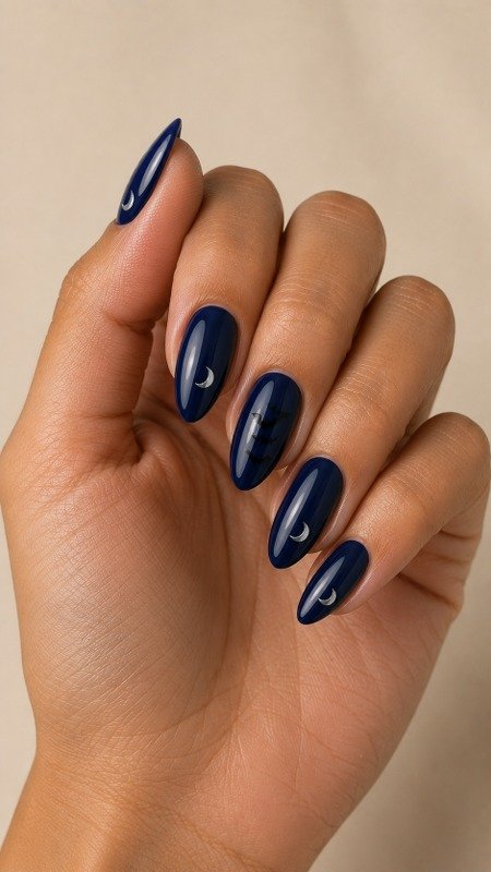 Midnight Navy Nails with Moon & Bats