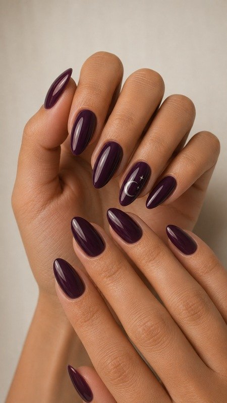 Midnight Purple Nails with Crescent Moon