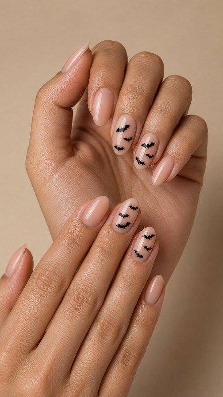 Nude Nails with Flying Bat Accents