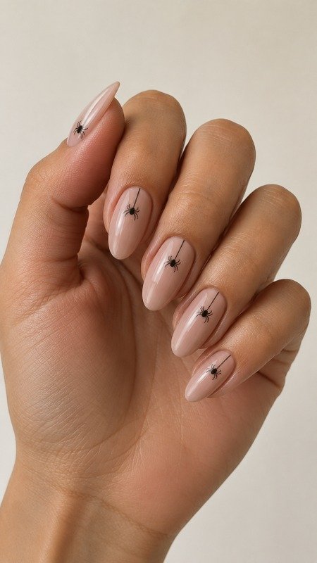 Nude Nails with Tiny Hanging Spider