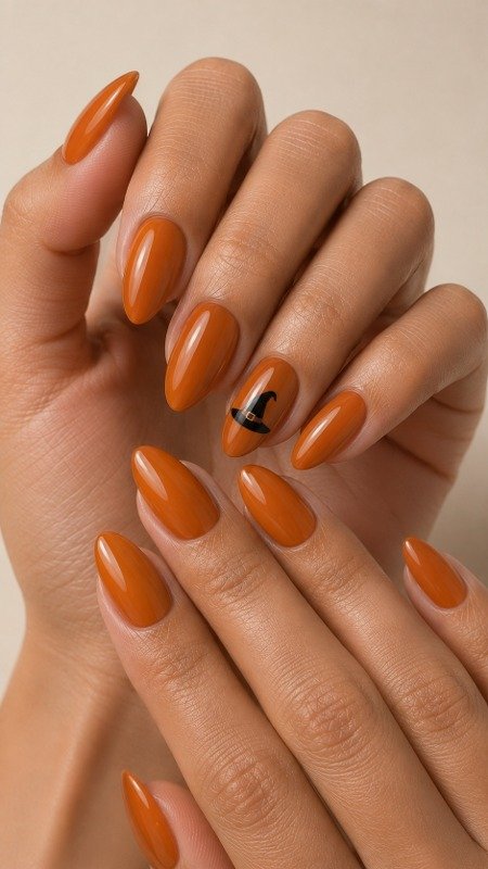 Orange Nails with Black Witch Hat Accent