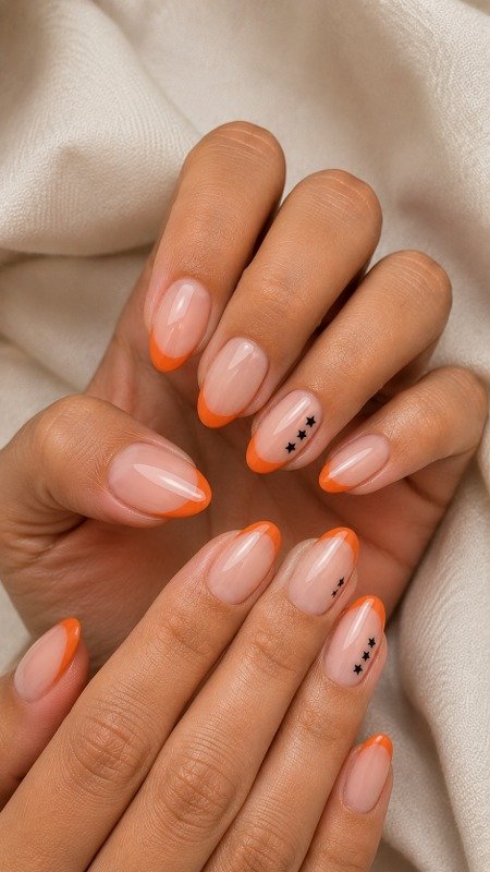 Pumpkin French Tips with Tiny Black Stars