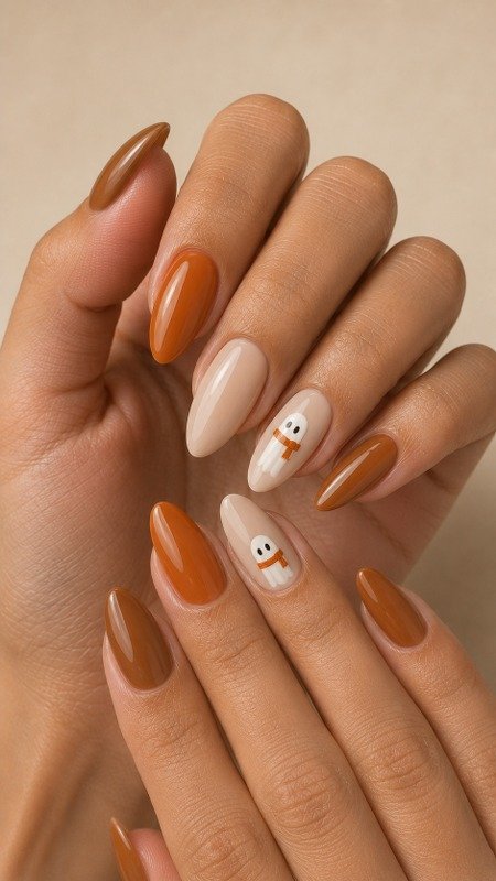 Pumpkin Latte Nails with Tiny Autumn Ghost