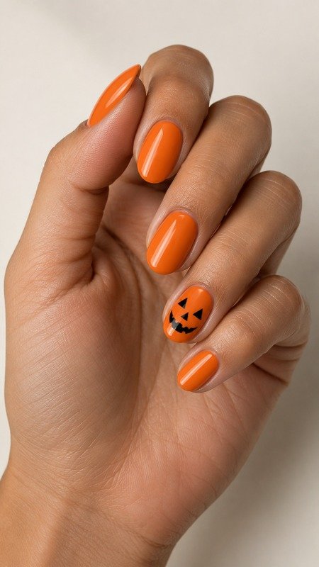 Pumpkin Orange Nails with Mini Jack-o'-Lantern Accent