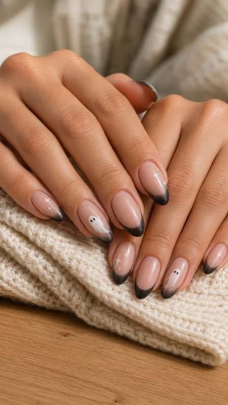 Smoky Black French Tips with Floating Ghosts